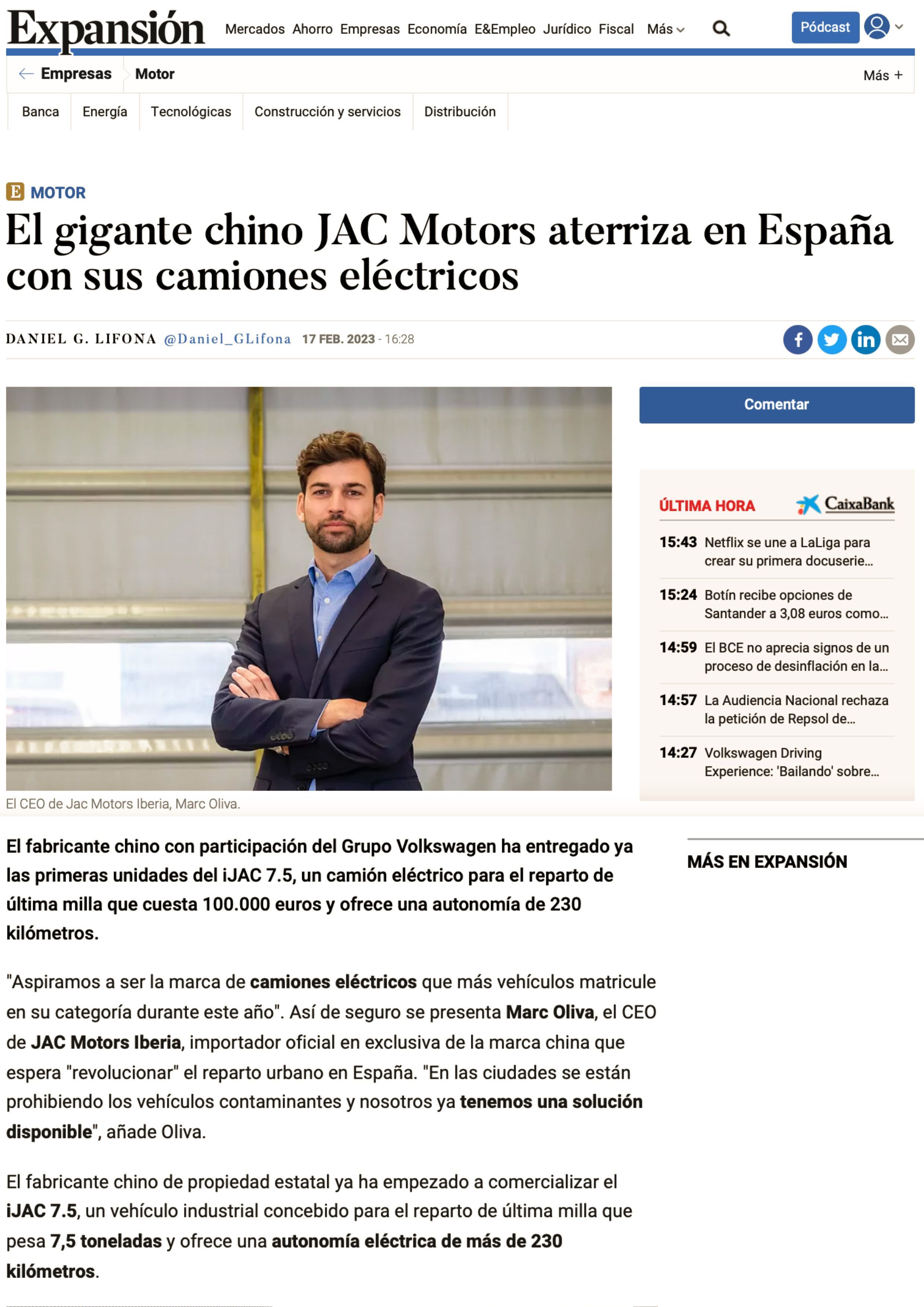 El gigante chino JAC Motors aterriza en España, junto a Expansión